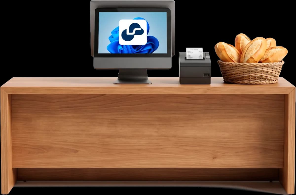 Balcão de padaria com monitor, impressora e cesta de pães