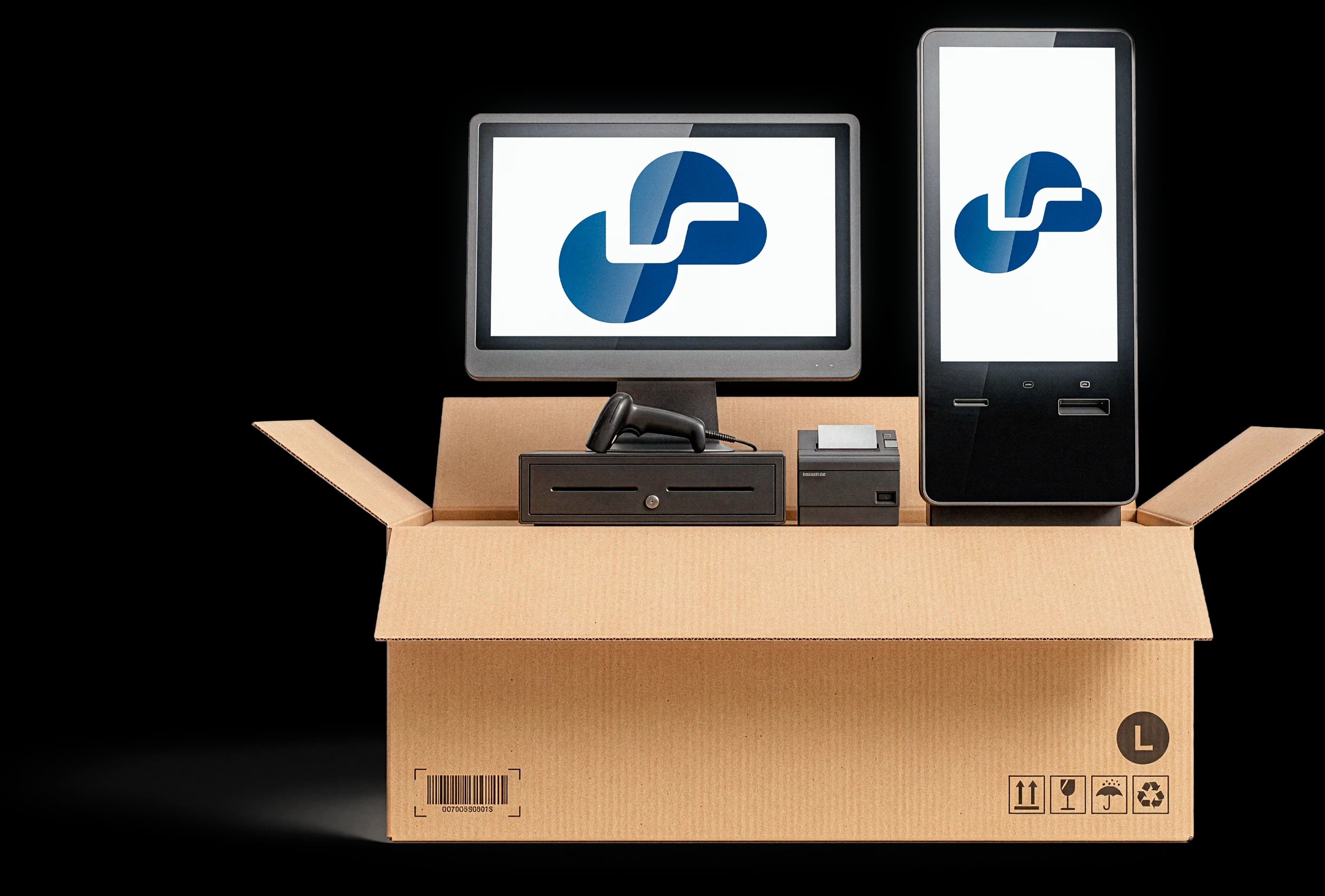 Caixa com os equipamentos do Sinapse: monitor, totem, gaveta, impressora e leitor