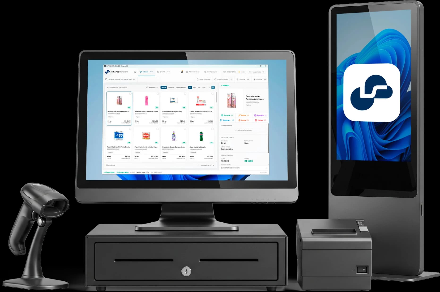 Leitor, monitor, gaveta, impressora e totem do Sinapse